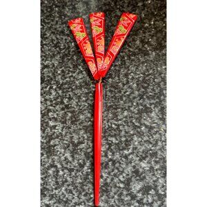 Vtg Japanese Kanzashi Hair Stick Red Hand Painted 3 Fan On Metal Lacquer